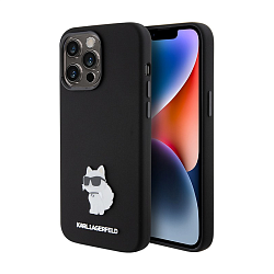 Клип-кейс (накладка) CG Mobile Lagerfeld Karl Liquid Silicone для Apple iPhone 15 Pro пластик, силикон, "NFT Choupette Metal Pin" чёрный