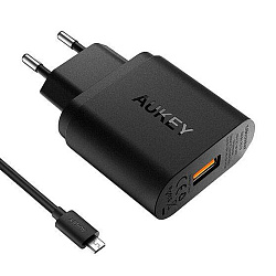 Сетевое зарядное устройство + кабель Micro Aukey Turbo Charger QC 3.0 18 Вт, чёрный