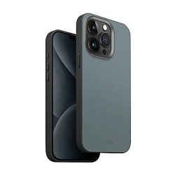 Клип-кейс (накладка) UNIQ Lyden MagSafe для Apple iPhone 15 Pro Max искусственная кожа, "застиранный синий"-чёрный