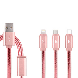 Дата-кабель Hoco UPL12 Lightning+Type-C+Micro 1.2 м, розовый