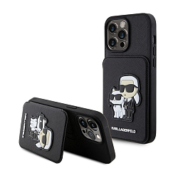 Клип-кейс (накладка) с визитницей CG Mobile Lagerfeld Karl PU Saffiano Cardslot для Apple iPhone 15 Pro Max искусственная кожа, "NFT Karl and Choupette" чёрный