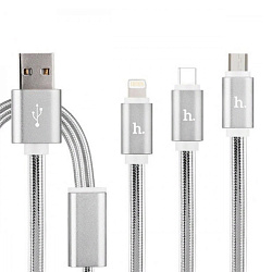 Дата-кабель Hoco UPL12 Lightning+Type-C+Micro 1.2 м, серебристый