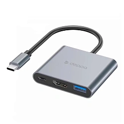 Адаптер-разветвитель для компьютера Deppa USB-C (3в1) серый
