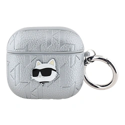 Кобура CG Mobile Lagerfeld PU Saffiano Monogram With Ring для Apple AirPods 4 искусственная кожа, "NFT 3D Metal Choupette" серебристый