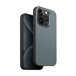 Клип-кейс (накладка) UNIQ Lyden MagSafe для Apple iPhone 15 Pro искусственная кожа, "застиранный синий"-чёрный