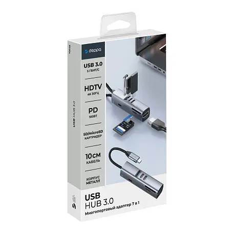 Адаптер-разветвитель для компьютера Deppa USB HUB 3.0 (7в1) - 1